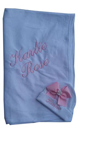 Newborn Girl Personalized Swaddling Blanket and Beanie Set