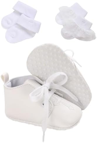 Baby Baptism Shoes Socks Set Soft White Cross Embroidered 3PC
