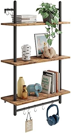 Bestier 3 Tier Floating Wall Shelves with Towel Bar and Hooks