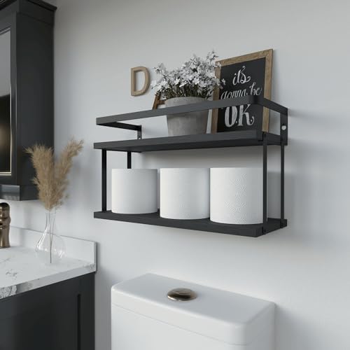 RICHER HOUSE Dual-Level Wood Floating Shelves with Guardrail - Black