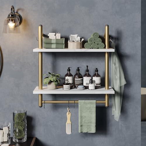 Bestier 24 inch White Marble Floating Shelves with Towel Bar