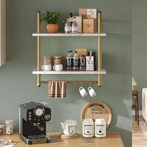 Bestier 24 inch White Marble Floating Shelves with Towel Bar