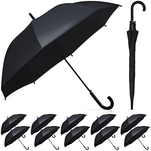 Reginary 12-Pack Black Windproof Stick Umbrellas with J Hook Handle