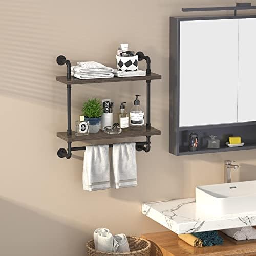 Helsin 2 Tier Floating Shelves with Towel Bar Gray Industrial Style