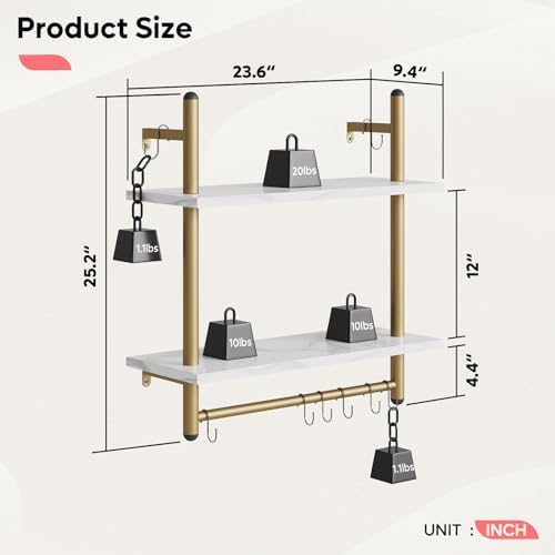 Bestier 24 inch White Marble Floating Shelves with Towel Bar