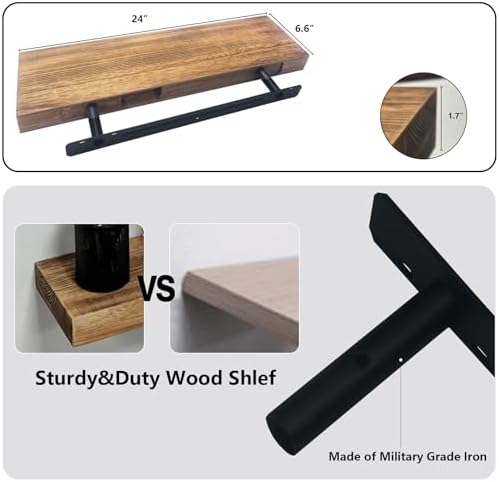 24 Inch Rustic Floating Shelves in Carbonized Black Set of 2