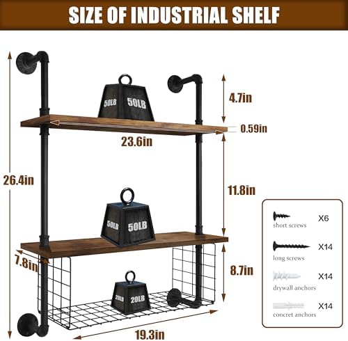 GILPWA 2 Tier Industrial Pipe Shelf with Wood Baskets