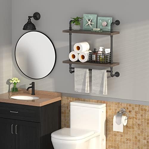 Helsin 2 Tier Floating Shelves with Towel Bar Gray Industrial Style