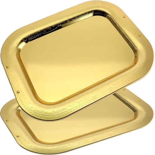 Pack of 2 182x142 Inch Gold Plated Serving Trays with Floral Edge