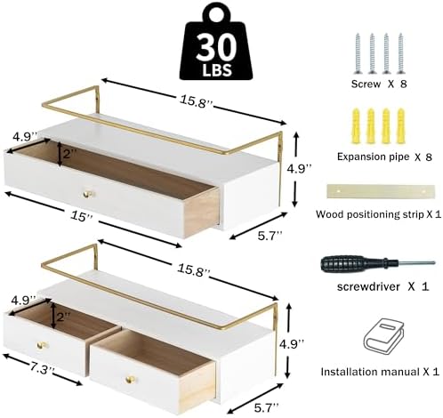 Rustic Floating Shelves with Drawer Set of 2 White