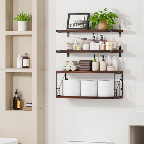 TJ MOREE Rustic Floating Shelves Over Toilet with Basket