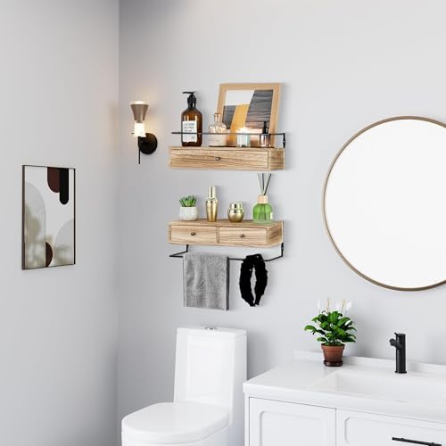 Rustic Floating Shelves with Drawer Set of 2 Brown