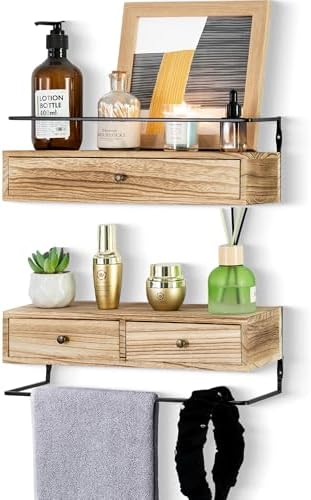 Rustic Floating Shelves with Drawer Set of 2 Brown
