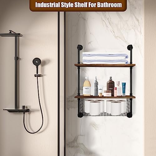 GILPWA 2 Tier Industrial Pipe Shelf with Wood Baskets