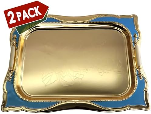 Pack of 2 Gold Plated Iron Serving Trays with Handles