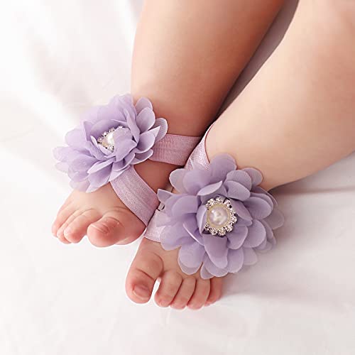 Cinaci 8 Pairs Chiffon Flower Barefoot Sandals with Headbands for Baby Girls