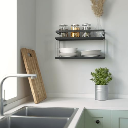 RICHER HOUSE Dual-Level Wood Floating Shelves with Guardrail - Black