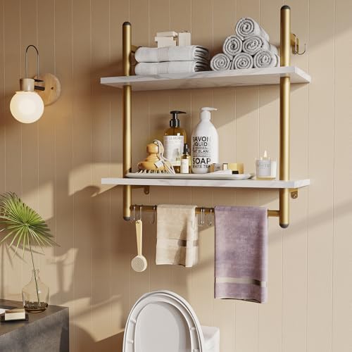 Bestier 24 inch White Marble Floating Shelves with Towel Bar