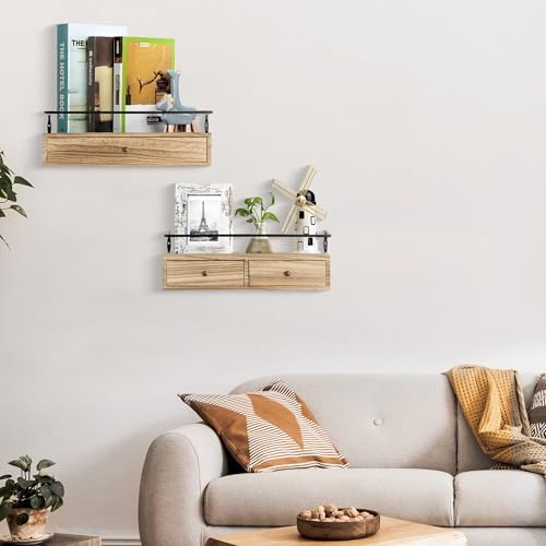 Rustic Floating Shelves with Drawer Set of 2 Brown