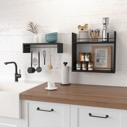 RICHER HOUSE Floating Wall Shelves with Towel Bar - Black 1