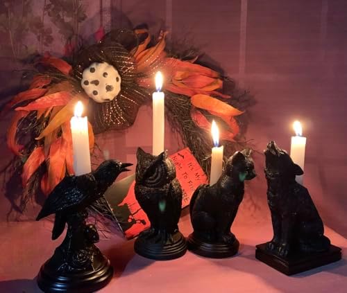 Dark Gothic Candlestick Holder - Raven Cat Wolf Halloween Decor