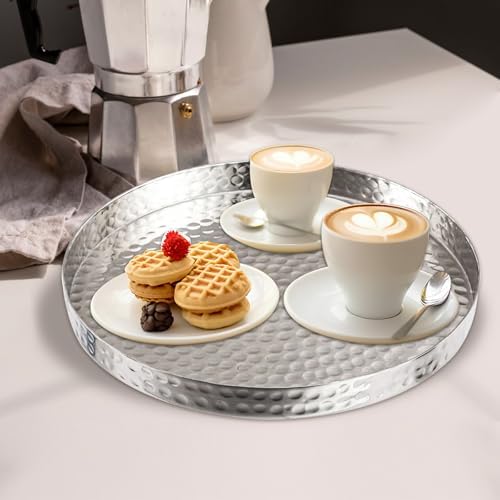 11 Inch Handcrafted Silver Serving Tray with Hammered Design