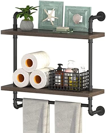 Helsin 2 Tier Floating Shelves with Towel Bar Gray Industrial Style