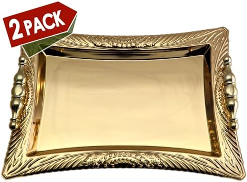 Pack of 2 Gold Plated Mirror Serving Trays with Handles