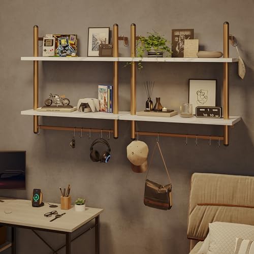 Bestier 24 inch White Marble Floating Shelves with Towel Bar