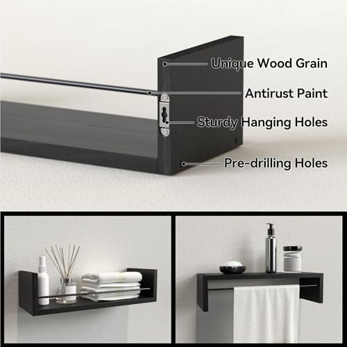 RICHER HOUSE Floating Wall Shelves with Towel Bar - Black 1