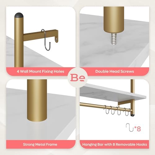 Bestier 24 inch White Marble Floating Shelves with Towel Bar