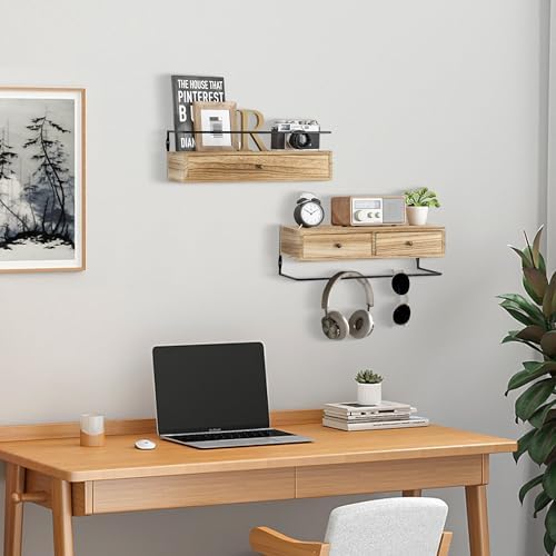Rustic Floating Shelves with Drawer Set of 2 Brown