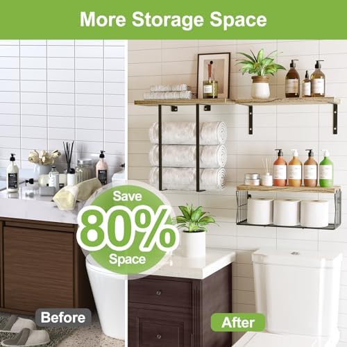 HAMITOR Floating Shelves Over Toilet - Rustic Wood Storage Towel Rack