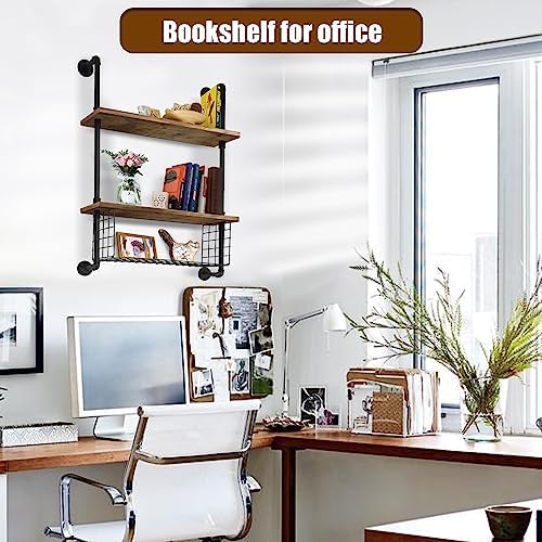 GILPWA 2 Tier Industrial Pipe Shelf with Wood Baskets