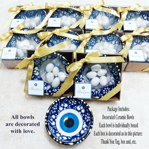 12 PCS Evil Eye Ceramic Bowls with Gold Ribbon and Almond Candy