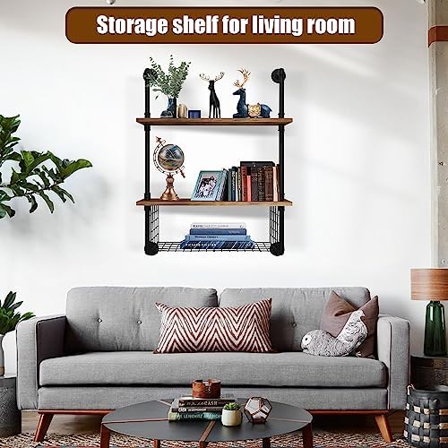 GILPWA 2 Tier Industrial Pipe Shelf with Wood Baskets