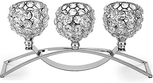 Silver Crystal Candle Holders 3 Arms Bling Table Centerpiece