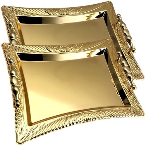 Pack of 2 Gold Plated Mirror Serving Trays with Handles
