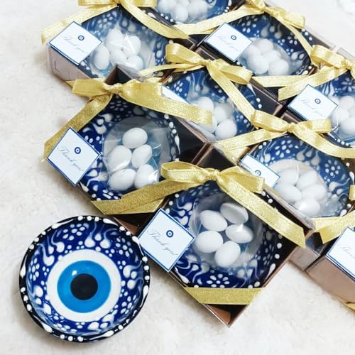 12 PCS Evil Eye Ceramic Bowls with Gold Ribbon and Almond Candy