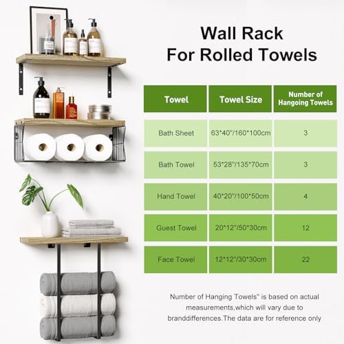 HAMITOR Floating Shelves Over Toilet - Rustic Wood Storage Towel Rack
