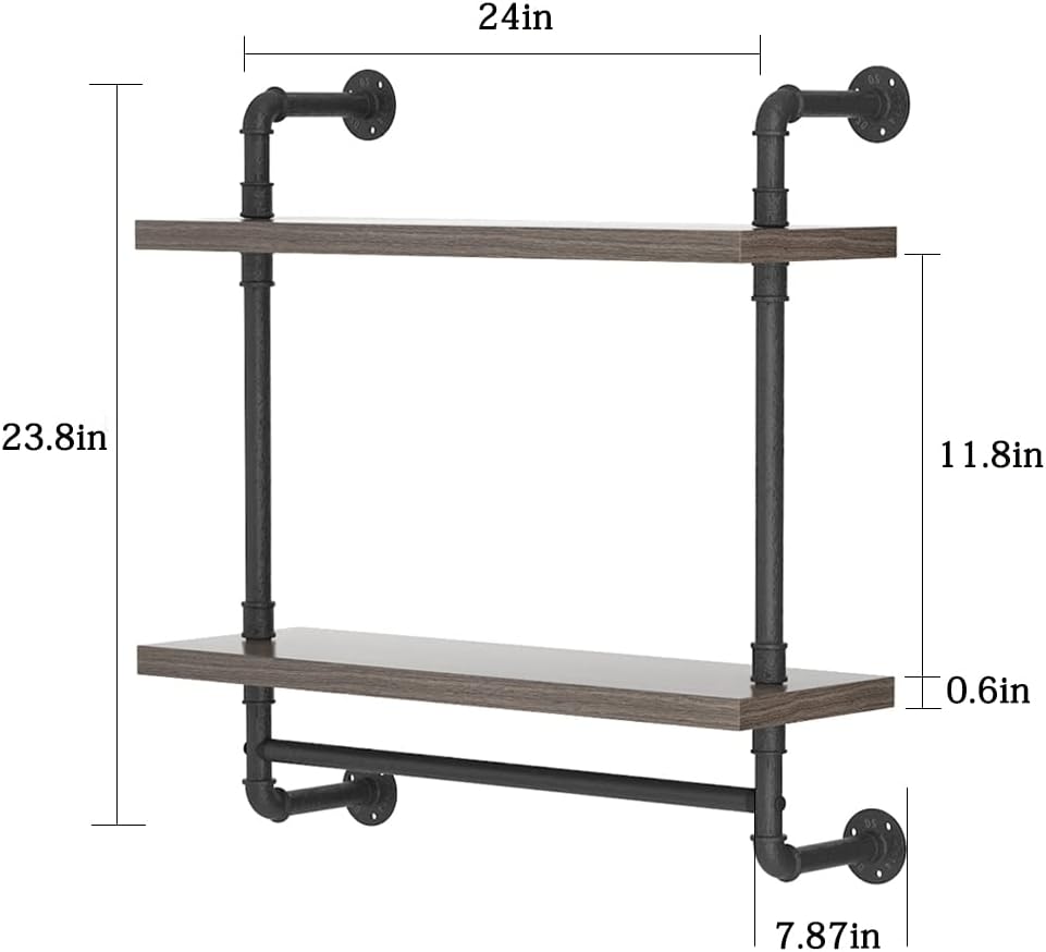 Helsin 2 Tier Floating Shelves with Towel Bar Gray Industrial Style