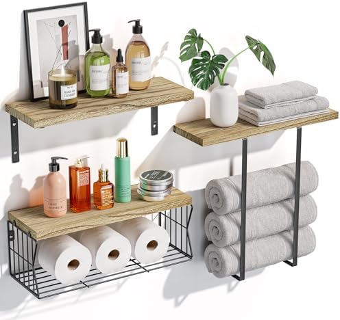 HAMITOR Floating Shelves Over Toilet - Rustic Wood Storage Towel Rack