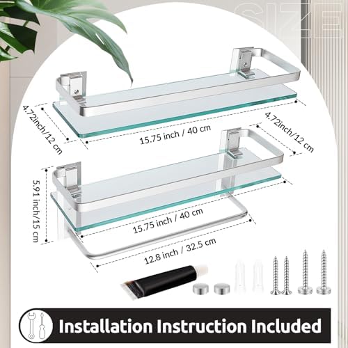 Suzile 2-Pcs Floating Glass Bathroom Shelf with Towel Bar