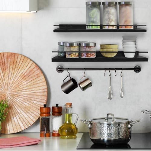 Kriulre Floating Shelves - Black Solid Wood Bookcase