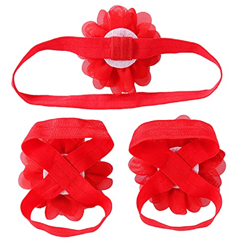 Cinaci 8 Pairs Chiffon Flower Barefoot Sandals with Headbands for Baby Girls