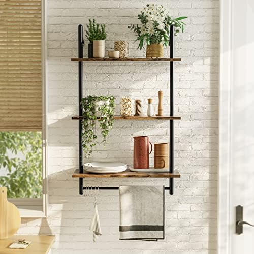 Bestier 3 Tier Floating Wall Shelves with Towel Bar and Hooks