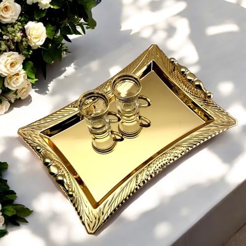 Pack of 2 Gold Plated Mirror Serving Trays with Handles