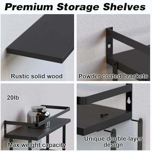 RICHER HOUSE Dual-Level Wood Floating Shelves with Guardrail - Black