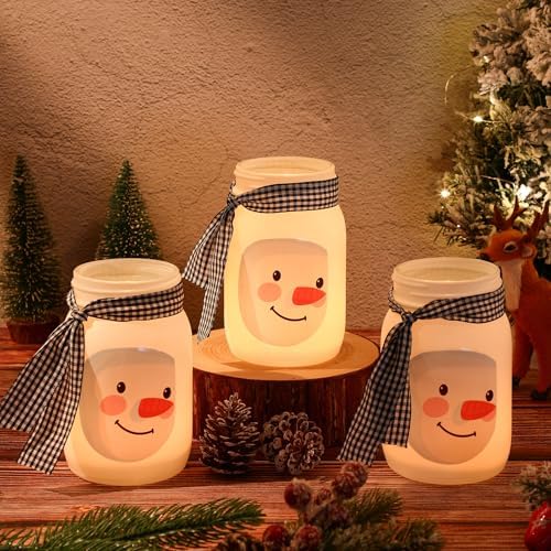 Honeydak 3 Pcs Christmas Centerpiece with Tea Lights and Candles Snowman