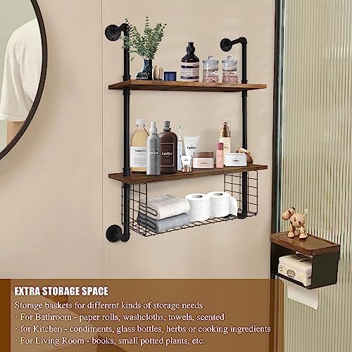 GILPWA 2 Tier Industrial Pipe Shelf with Wood Baskets